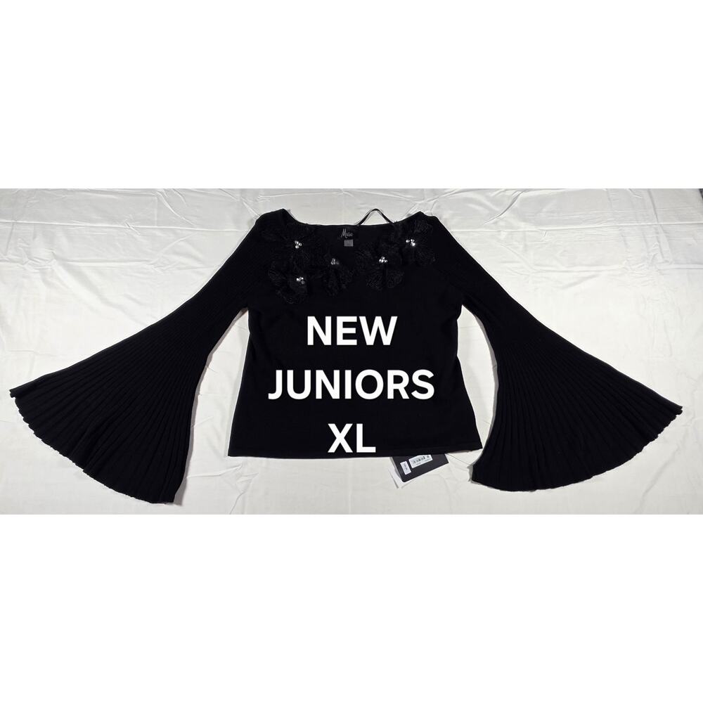NEW JUNIORS XL OFF SHOULDER TRUMPET SLEEVE SWEATER WITH CRYSTAL ADORNED FLORAL